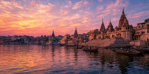 Fototapeta premium Vibrant sunset over Ganges river with ancient temples and boats in Varanasi India.