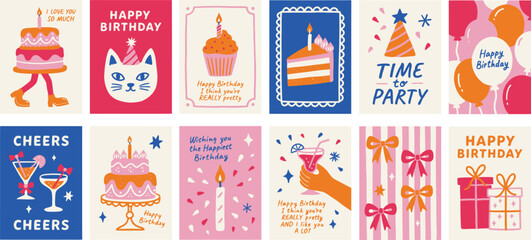 Collection of twelve whimsical birthday greeting cards with playful and text © MDSHAHIN
