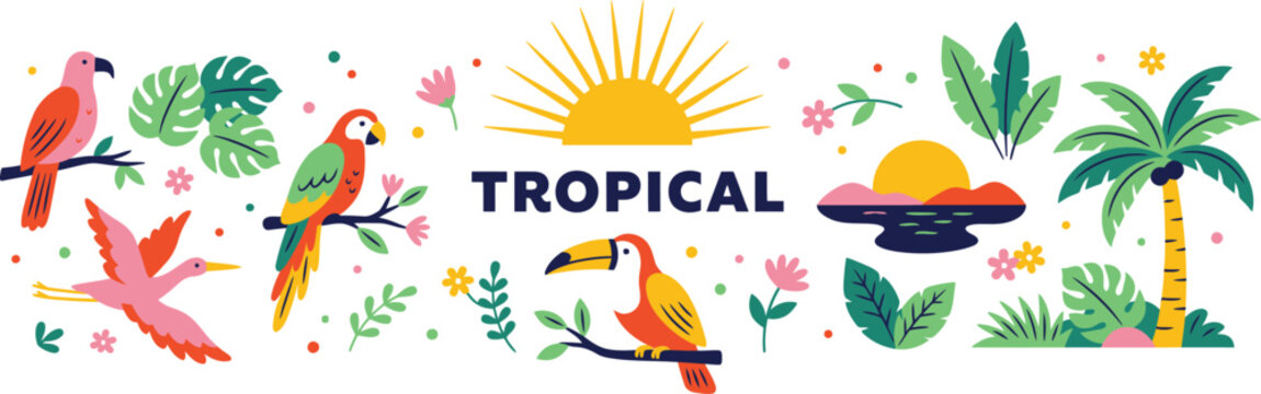 Colorful tropical with parrots toucan palm tree and sunset