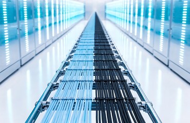 Fototapeta premium Interior view of a modern high tech server room with neatly organized data network cables high speed data cable