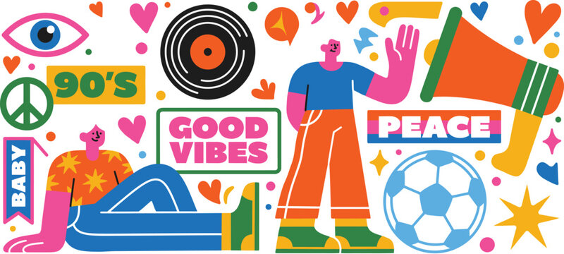 Retro 90s collage with peace symbols, vinyl record, and people peace sign