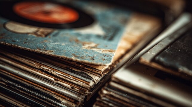 Vintage vinyl records stacked close up