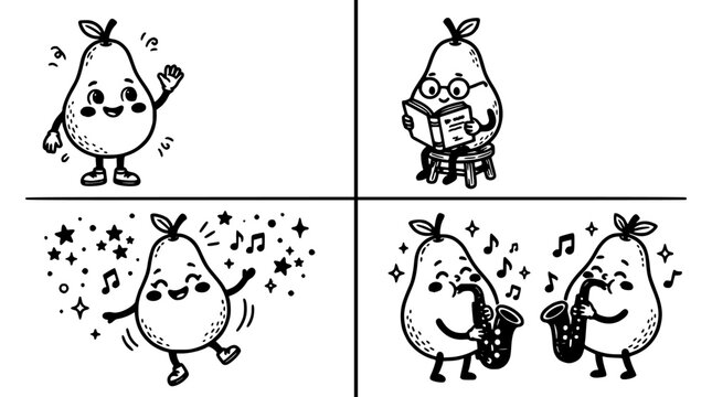 Musical Fruit Characters Set with Dancing Apples and Pears Holding Notes and Instruments in Black and White Line Art