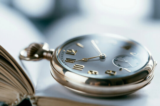 Antique brass pocket watch resting on an old open book