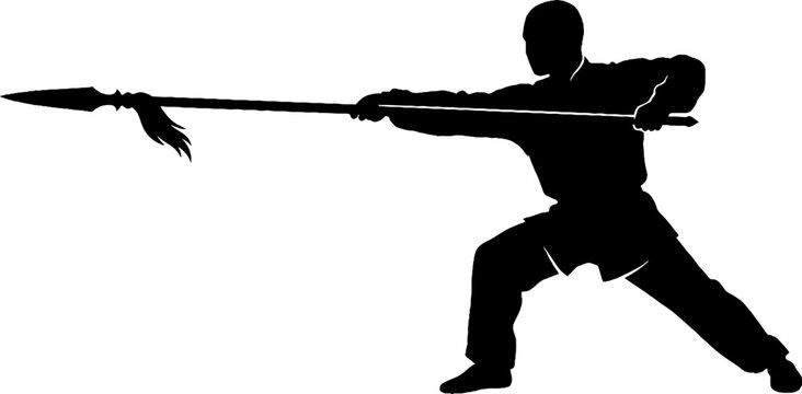 Silhouette of martial artist with spear in action pose.