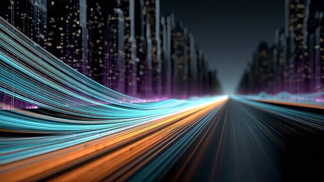 Urban night digital light trails, smart city high speed transportation concept, data transmission and network connectivity background, modern skyscraper skyline, technological innovation and dynamic s