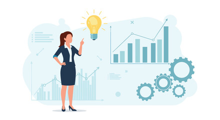 Obraz premium Professional businesswoman in a suit points to a glowing lightbulb as a symbol of innovation and corporate success.