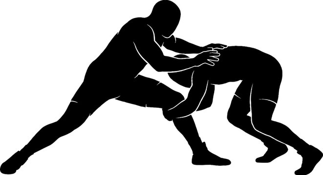 Two wrestlers locked in intense grappling match.