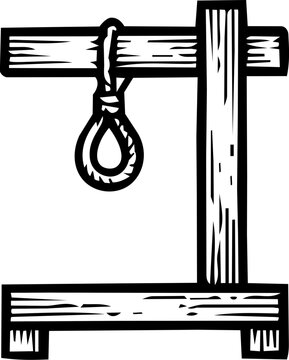 Woodcut illustration of a gallows with a hangmans noose symbolizing execution or justice.