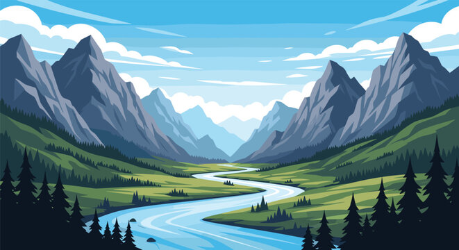 Majestic landscape illustration shows a winding blue river flowing through a lush green valley between high snowy mountains.