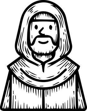 Monk Wearing Hooded Robe Woodcut Style Illustration.