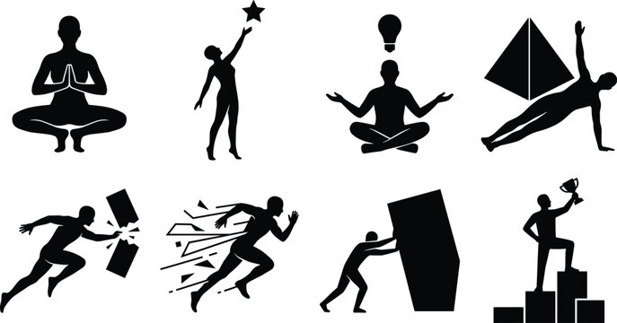 Black silhouette human figures vector set representing success, motivation, mindfulness, and overcoming obstacles