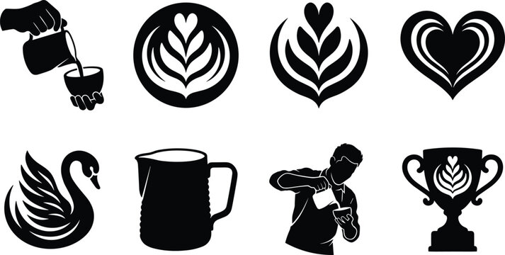 Black silhouette vector icons of barista latte art featuring milk pouring, swan, heart shapes, and pitcher