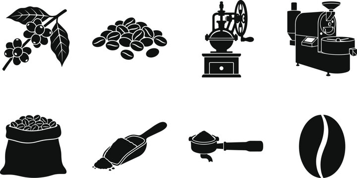 Black silhouette vector icons of barista latte art featuring milk pouring, swan, heart shapes, and pitcher