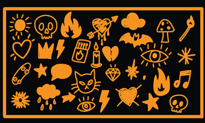 Fototapeta premium Vibrant orange spooky gothic style doodle graphics on black background, retro pop art skull flame heart cat eye and cloud silhouette icons chart for creative print layouts