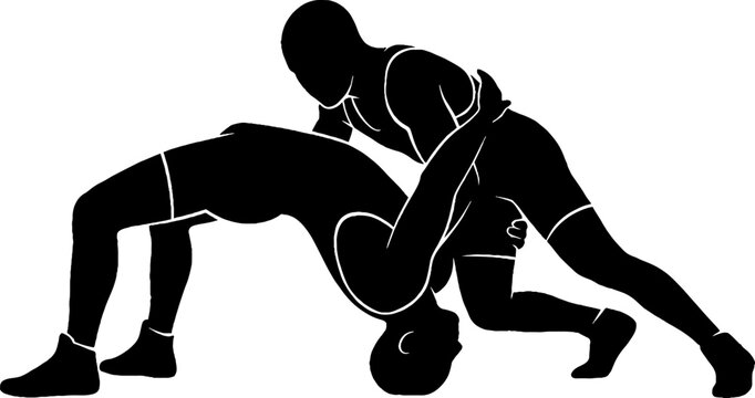 Two wrestlers in intense grappling match silhouette.