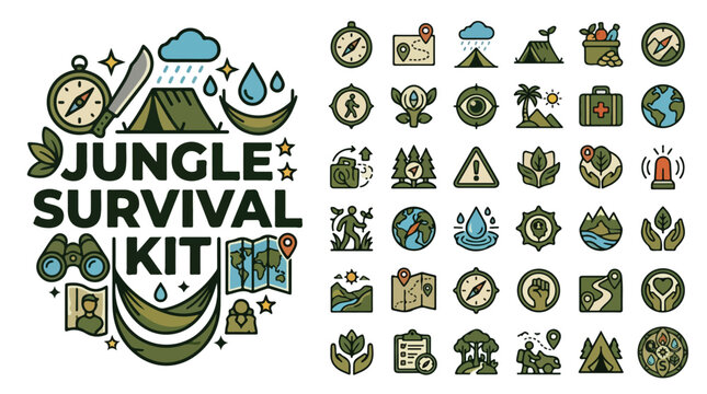 Jungle survival kit icons, adventure camping and wilderness exploration vector set, outdoor hiking and forest expedition equipment symbols