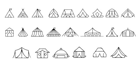 tent icon collection with outdoor shelter symbols including teepee circus tent cabin tent and campsite illustrations in minimalist line art vector style © Lutfunnaher