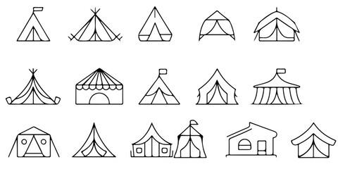 tent icon collection with outdoor shelter symbols including teepee circus tent cabin tent and campsite illustrations in minimalist line art vector style © Lutfunnaher