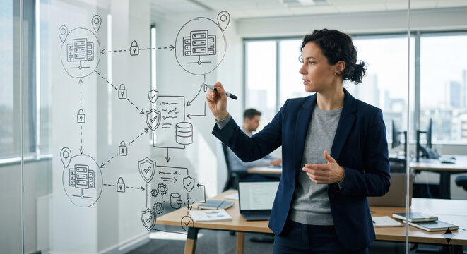 Presenter pointing at a data‑flow blueprint explaining sovereign architecture and lawful transfer mechanisms.
