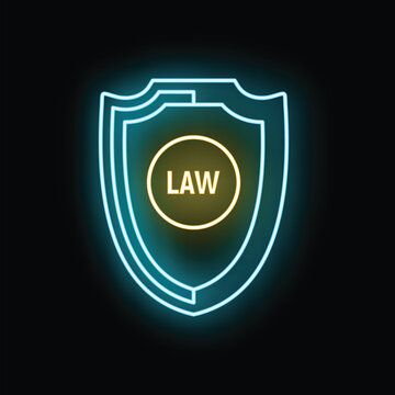 Neon blue shield protecting yellow glowing law text on a dark background