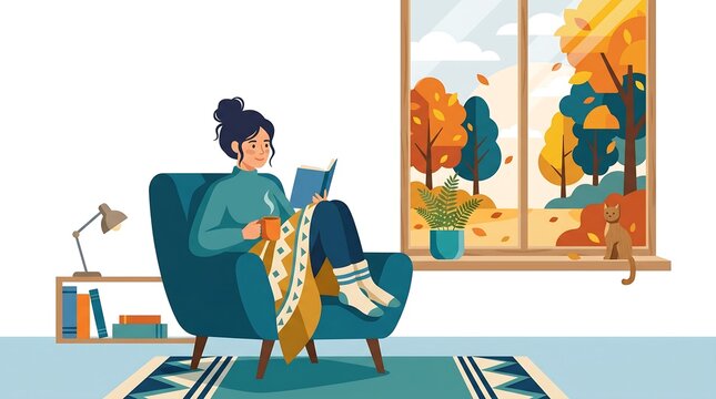 Woman sitting on a chair indoors reading a book by the window during fall.