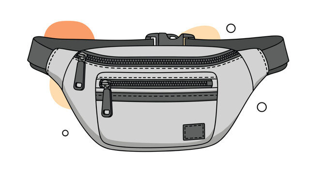 Illustration of a grey fanny pack or waist bag for sports and travel activities isolated on a light background.