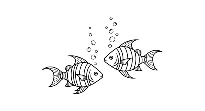 Two hand drawn striped tropical fish swimming underwater and blowing bubbles on a plain white background for art.