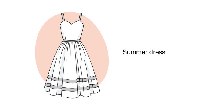 Simple white summer dress illustration with thin straps and grey stripes on a soft peach background with text.
