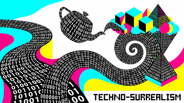 Techno Surrealism Concept with Binary Code River Teapot and CMYK Geometric Cubes