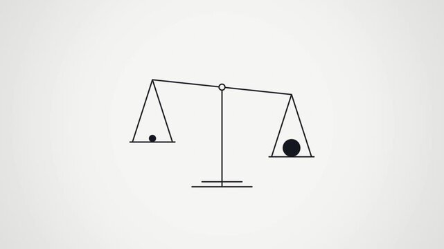 Minimalist animated balance scale tipping with shifting weights on white background