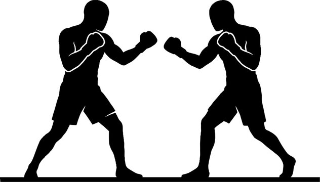 Two boxers in a dynamic fighting stance silhouette.