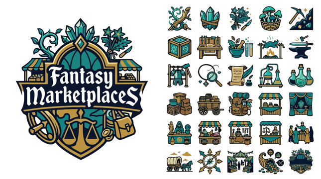 Fantasy Marketplaces RPG icon set, medieval merchant shop vector elements, 25 fantasy game assets for UI design, teal and gold trade symbols