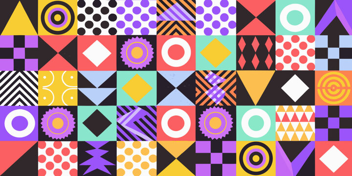 Geometric pattern with circles diamonds and triangles in vibrant colors