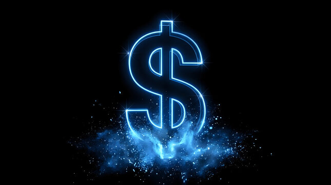 Glowing blue neon us dollar symbol sign isolated on black background with light particles, currency
