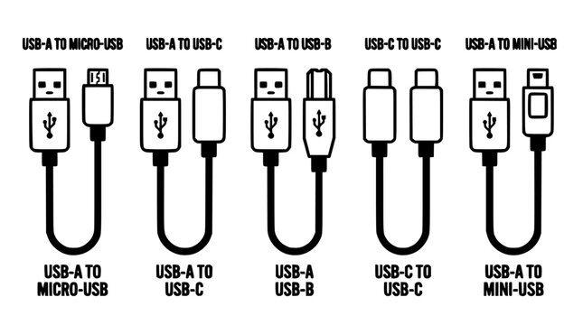 Usb Cables Set with Five Connector Types Showing Usb-a to Micro-Usb, Usb-a to Usb-C, Usb-C, Usb-B, and Mini-Usb