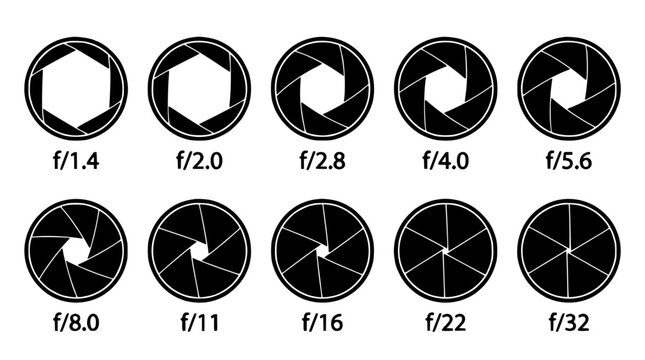 Camera Aperture Diagram Set of Ten Circular F-Stop Icons with Black Outlines and White Blades for Lens Photography