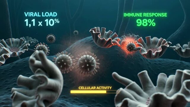 Immune cells attacking virus particles close-up in augmented diagnostic display for infection research, immune response analysis, antiviral treatment, vaccine development, cellular defense education