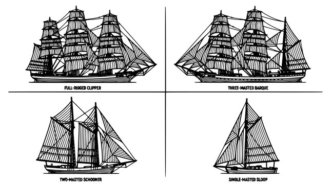 Sailing Ships Diagram Set with Four Etched Types Including Full-Rigged Clipper, Three-Masted Barque, Two-Masted Schooner, and Sloop