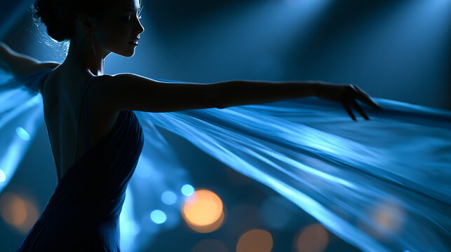 Elegant silhouette of a female acrobat waving aerial silk like butterfly wings in a dark studio with blue backlight, graceful artistic motion, defocused dark background, aerial