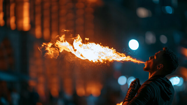 Faceless fire performer breathing flames in an urban setting, city architecture surrounding, dramatic orange glow, defocused city environment in background, urban fire show