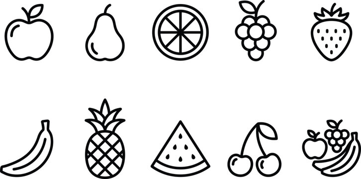 Assorted fresh fruits in clean line art icons against a white backdrop representing healthy eating and natural goodness