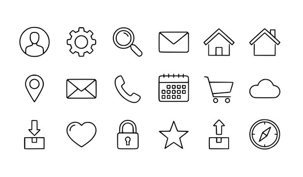Minimal line art icons collection with web interface and user interface symbols