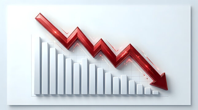 3D graph with falling bars and a red downward arrow downward business statistic negative