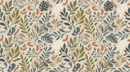 Flat vector seamless pattern, minimalist leaves, branches and organic shapes, neutral earthy palette, modern Scandinavian textile design   © Maftuh