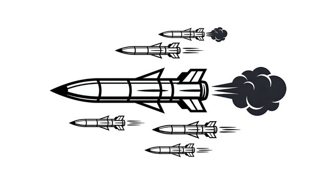 Illustration of multiple tactical missiles launching with military explosion ballistic strategic