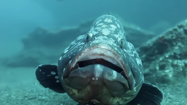 Close-up underwater shot of a large grouper fish opening its mouth wide