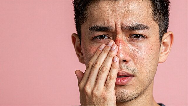 Young man with skin irritation touching his face on pink background
