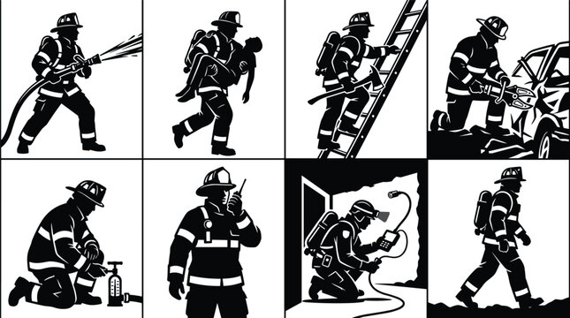 Firefighter silhouettes set with emergency rescue, fire fighting, and first responder activities