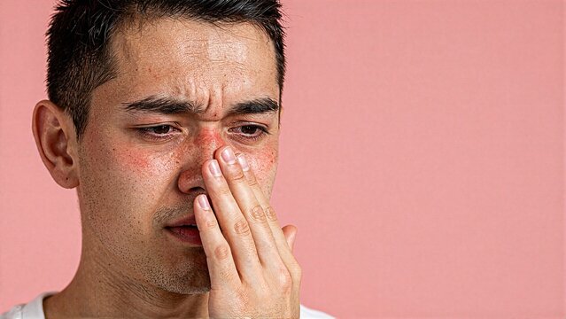 Young man with red irritated skin rash on face touching nose